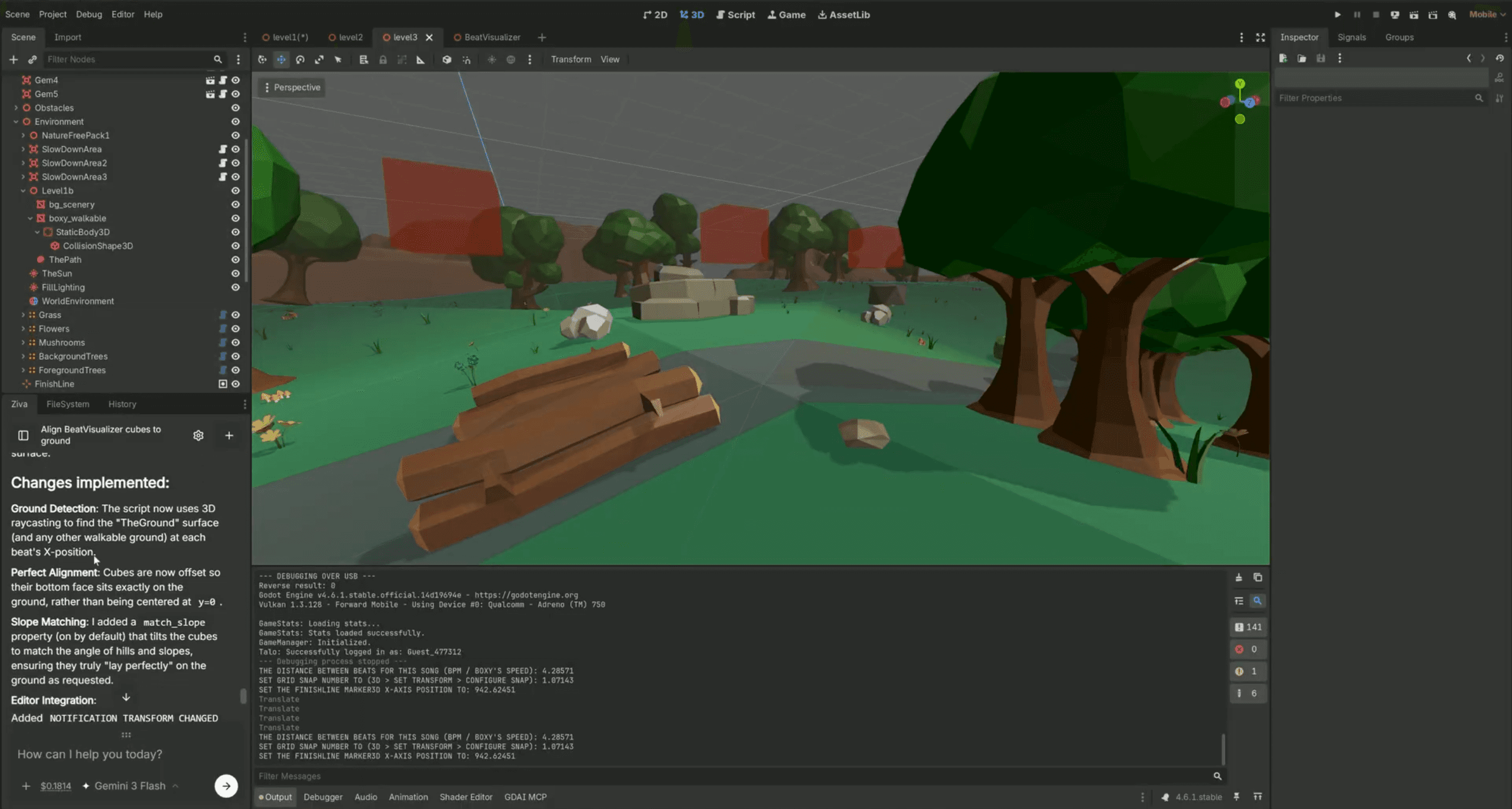 Ziva working on ground detection and slope alignment in Beat Boxy's forest level