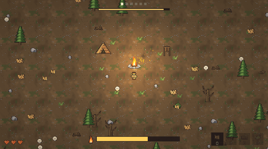 A caveman beside a campfire in Fire keeper, with health and fuel bars below