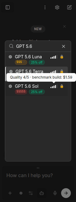 Ziva model picker showing GPT-5.6 models with a tooltip: Quality 4/5, benchmark build $1.59