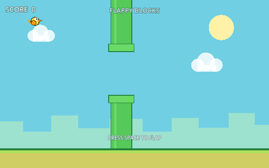 GPT-5.6 Sol's Flappy Bird at xhigh effort: title, parallax skyline, sun, capped pipes