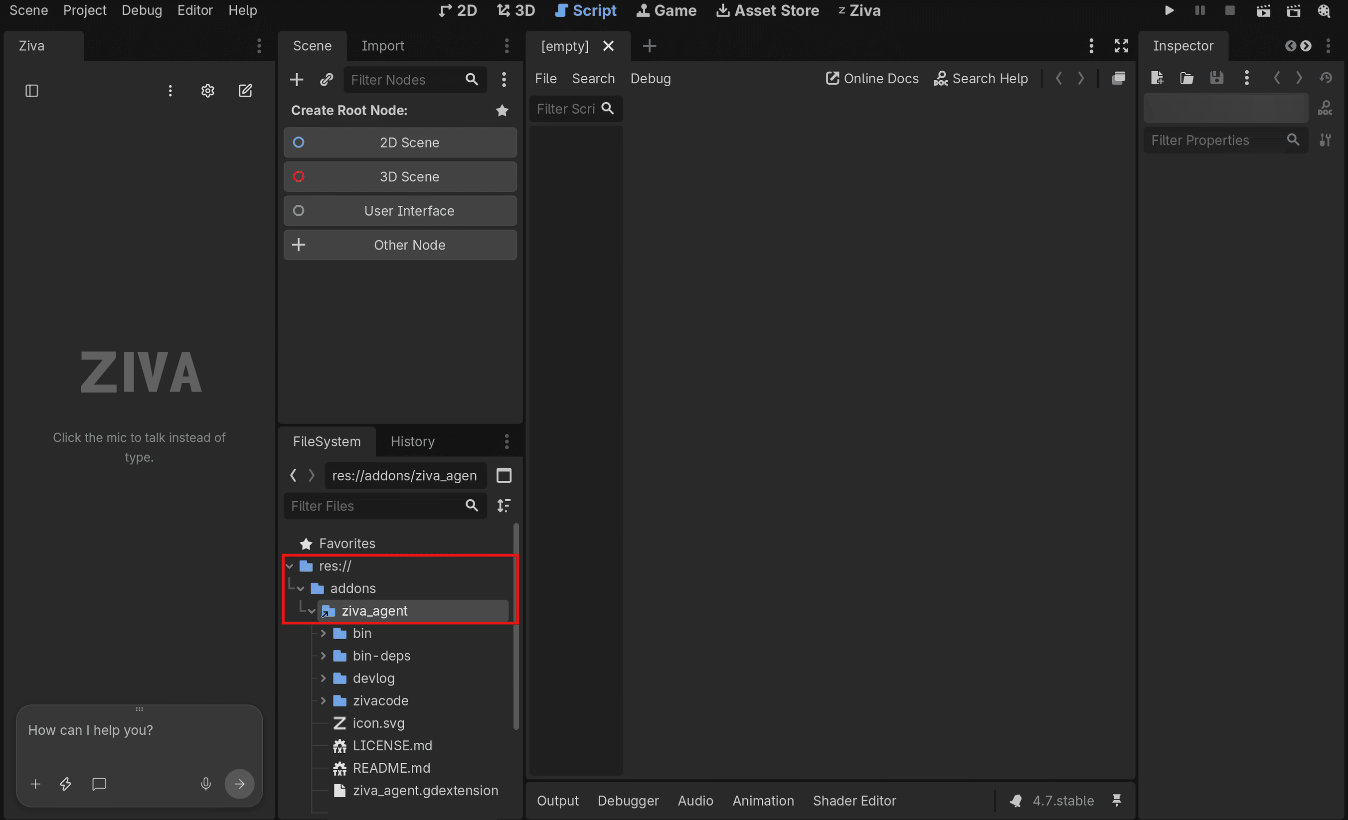 Godot FileSystem showing addons/ziva folder structure