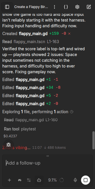 Muse Spark 1.1 looping: repeated edits to flappy_main.gd chasing input handling and difficulty