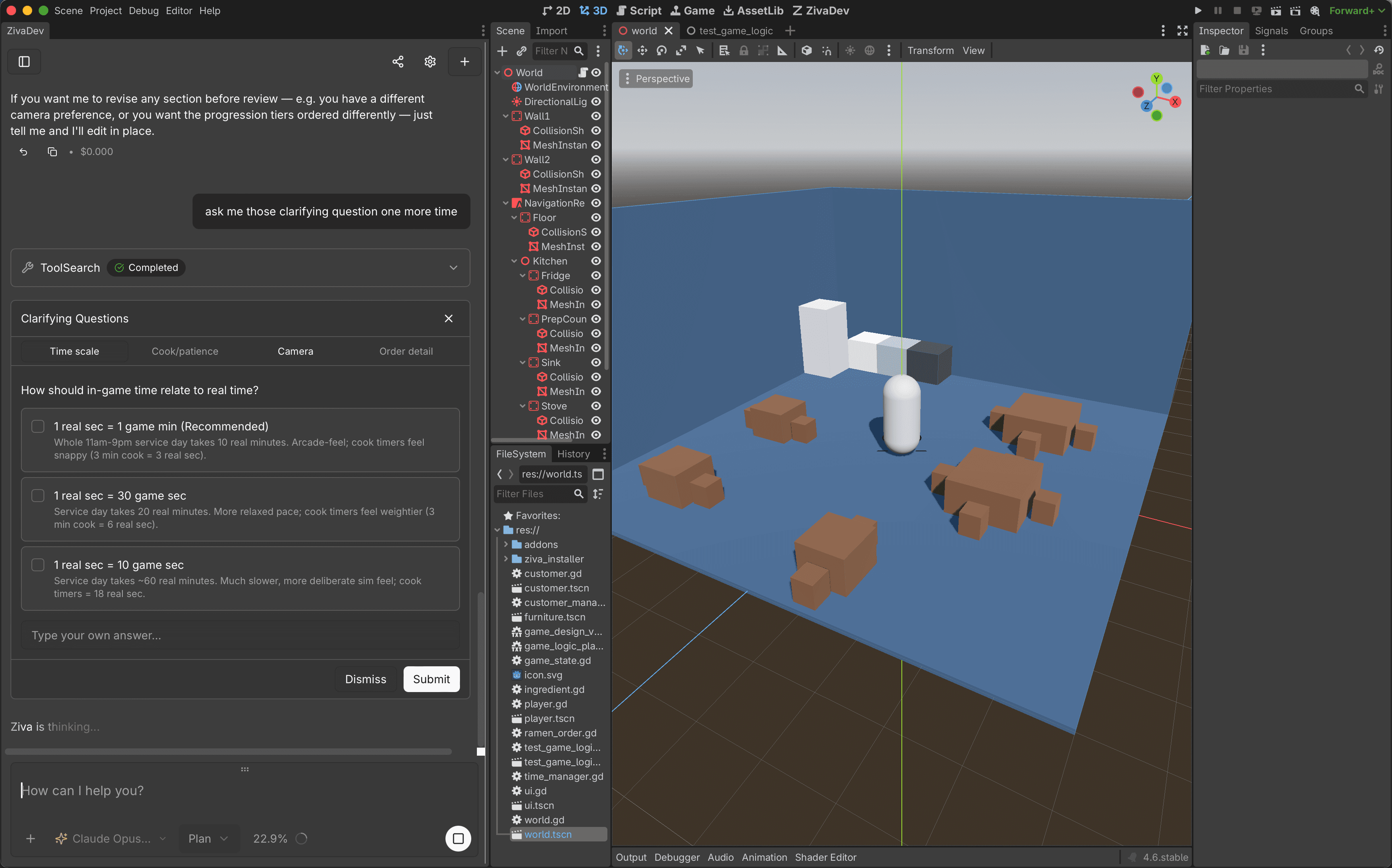 A restaurant prototype beside Ziva's questions about time scale, cooking, camera, and orders
