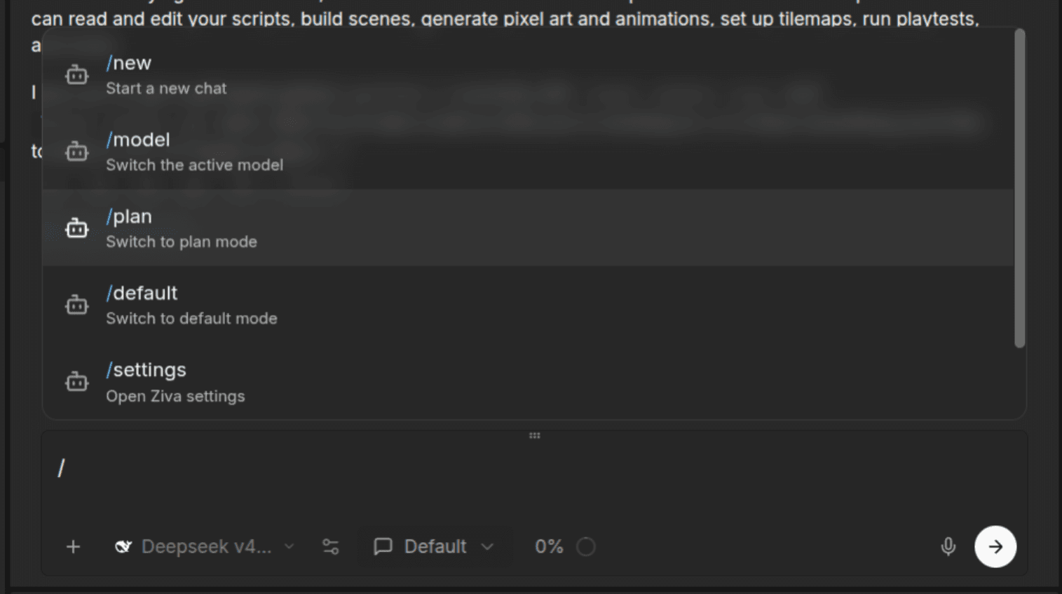 The slash command menu in Ziva's chat composer
