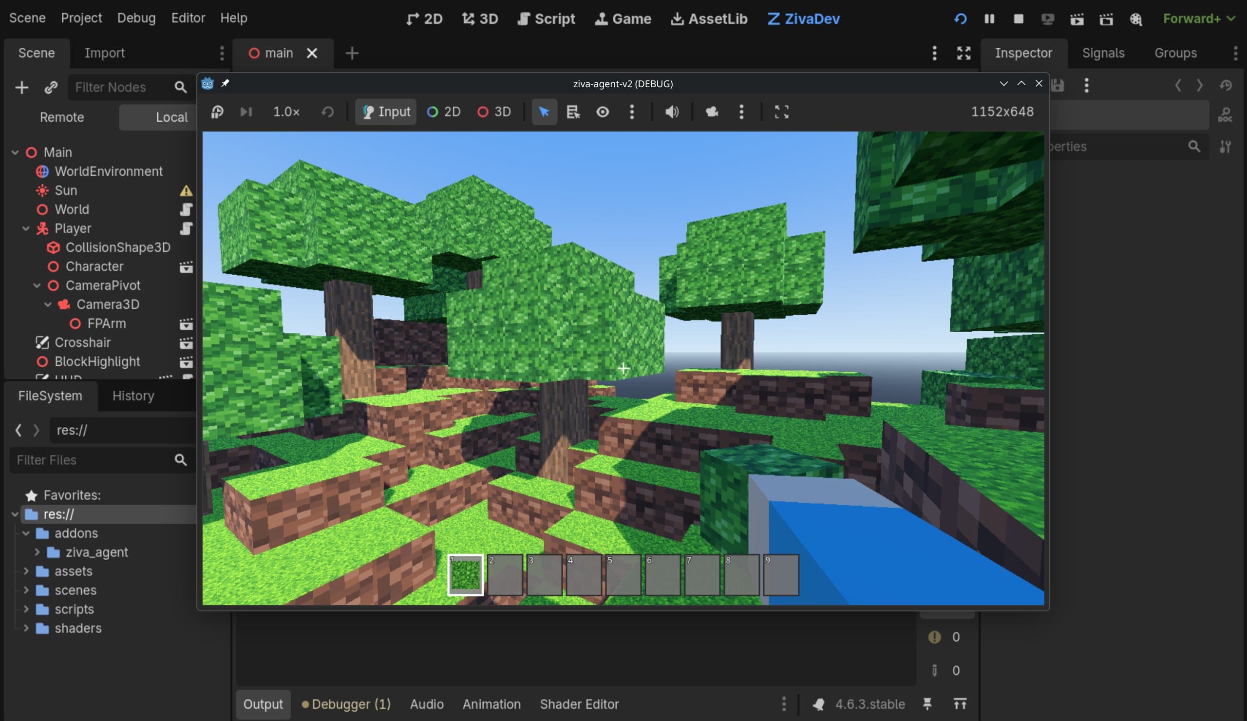 Godotcraft, a voxel sandbox game running in the Godot editor