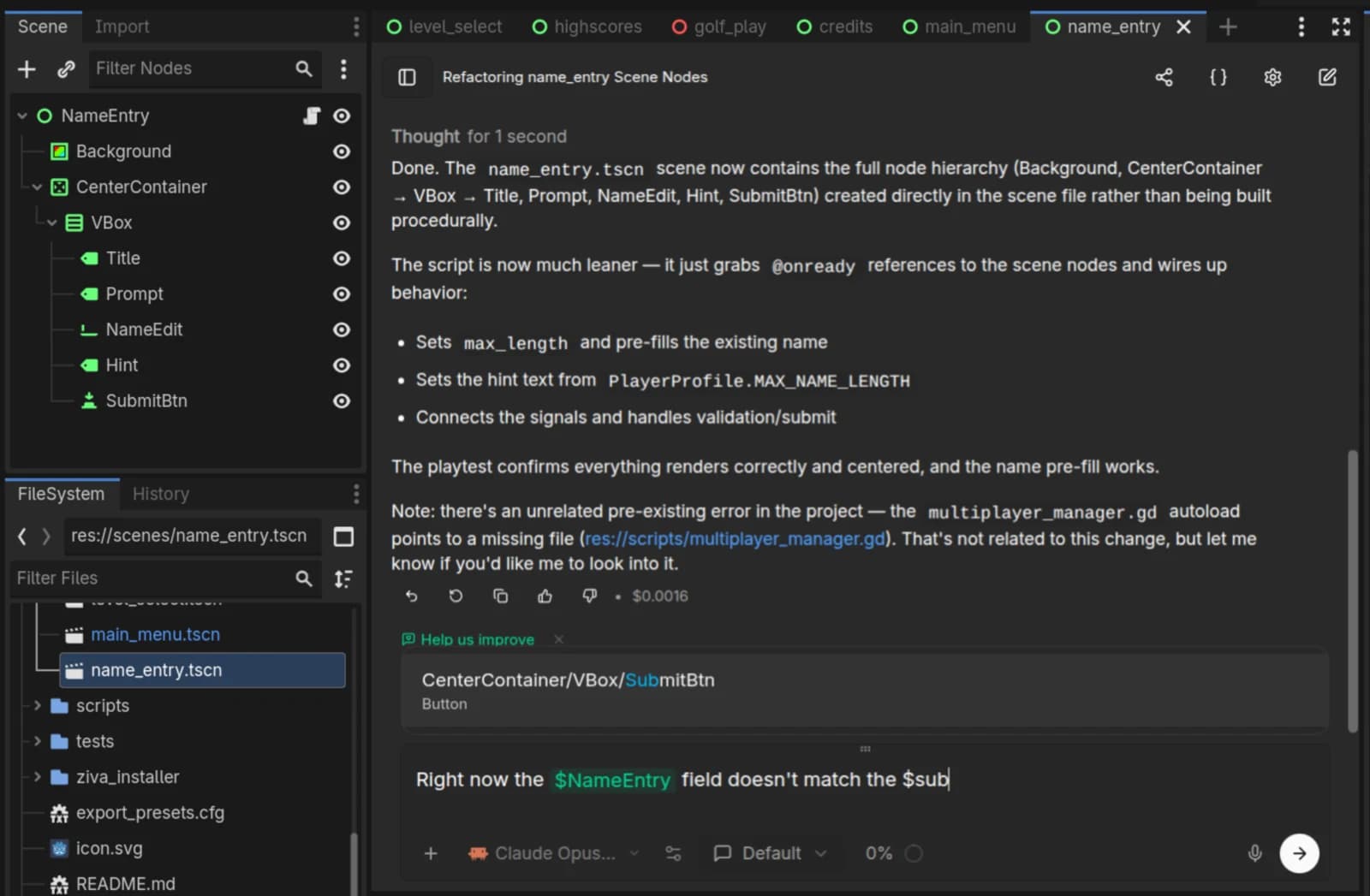 Ziva refactoring a Godot scene tree node by node from chat, with @-mention file references