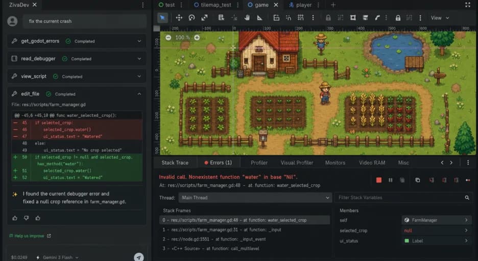 Ziva fixing a Godot runtime crash from chat: it calls get_godot_errors and read on farm_manager.gd, then edit_file to repair the null crop reference in water_selected_crop
