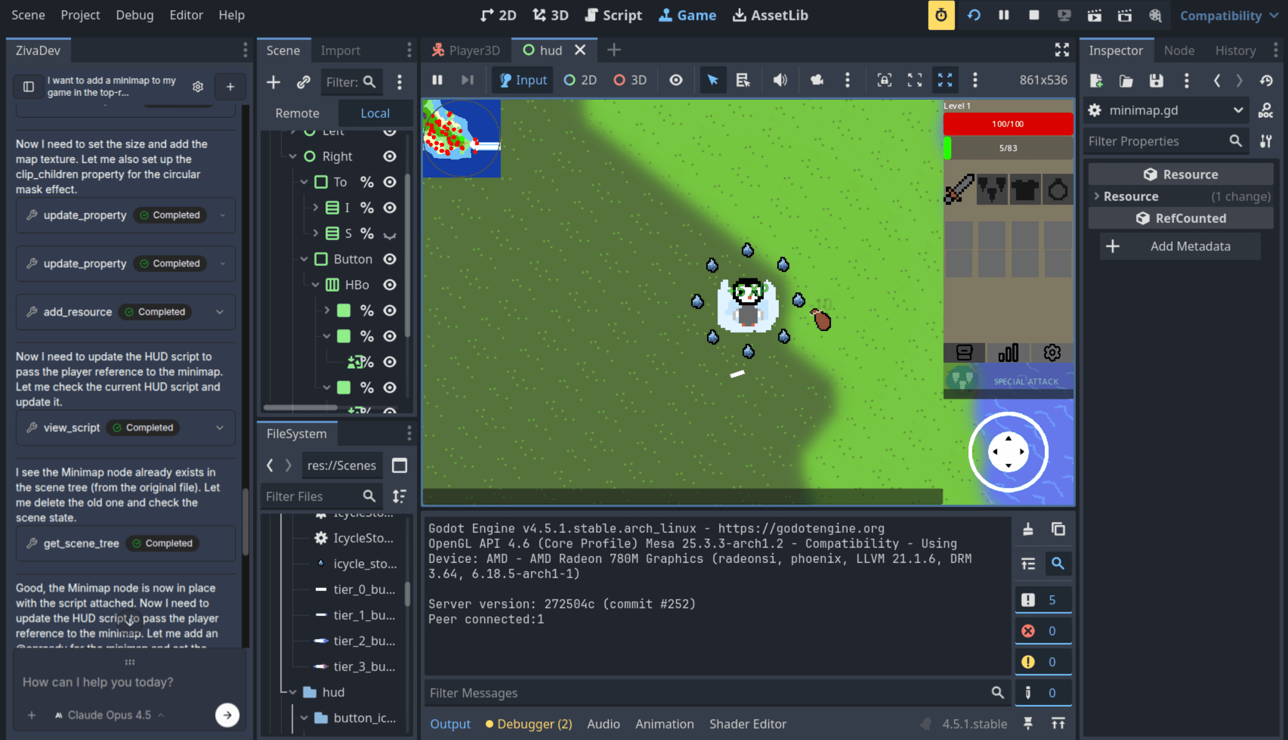 Ziva AI assistant running inside the Godot editor, editing a scene from chat