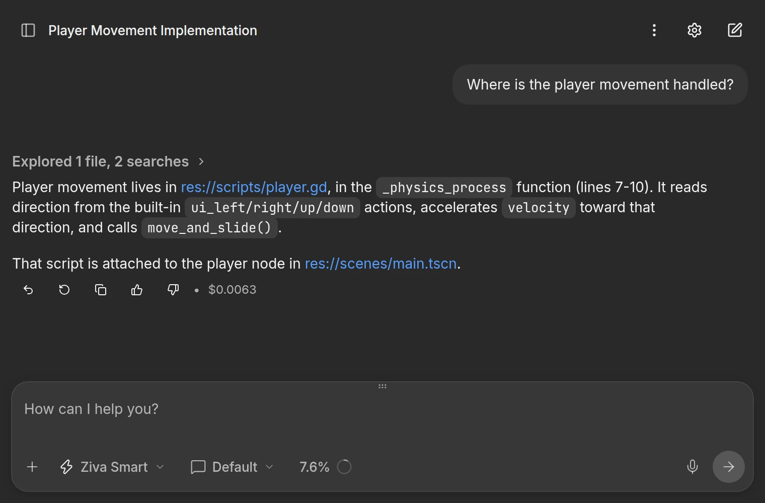 Ziva chat showing a player script search and file references
