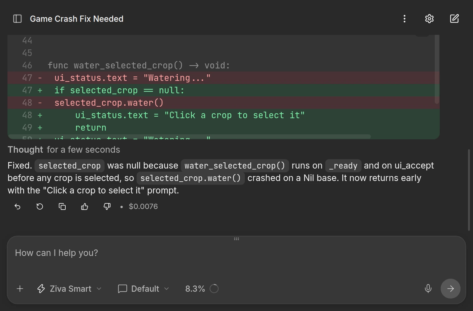 Godot error and crop-reference code fix shown in Ziva chat