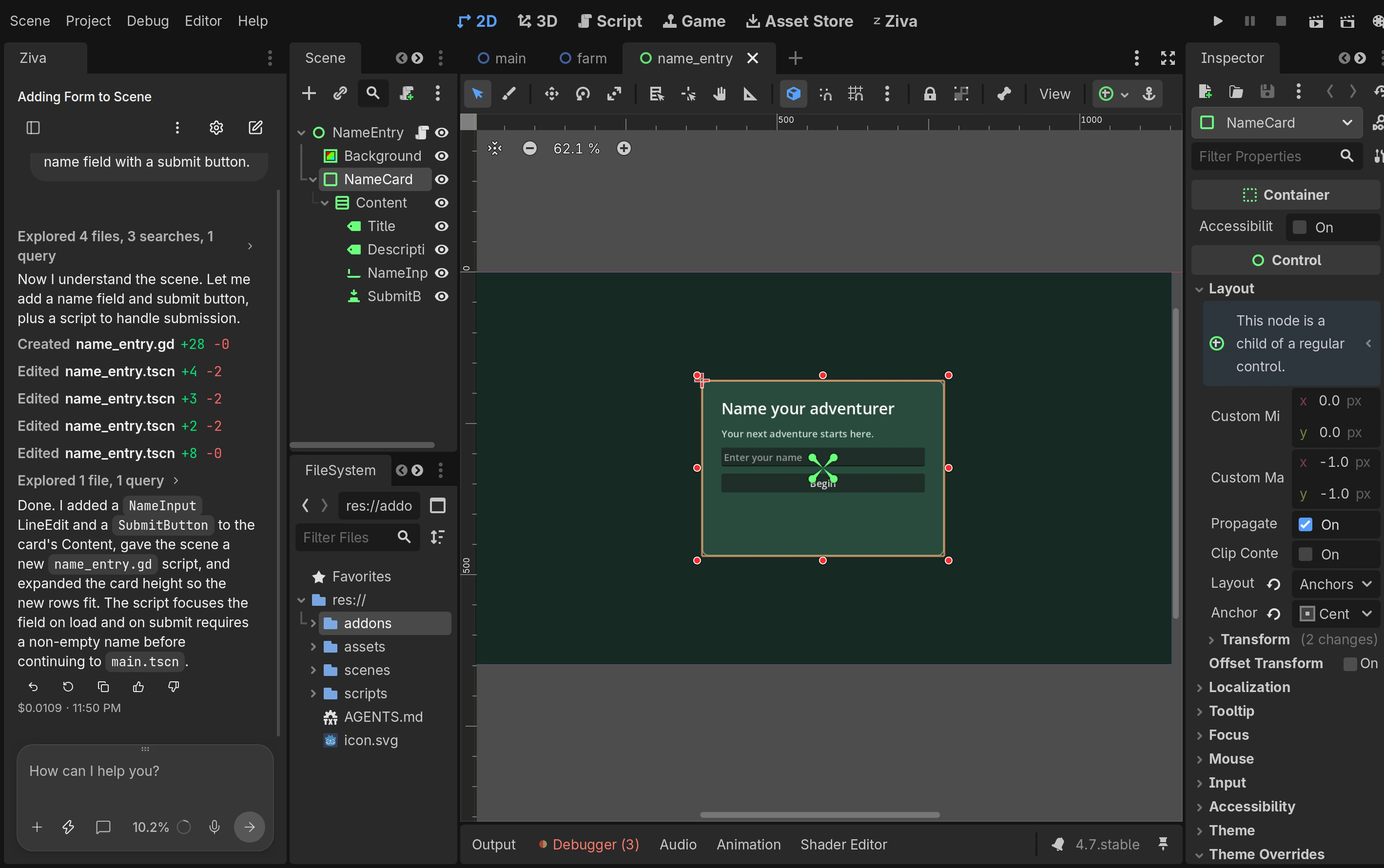 Godot scene tree and name-entry form beside Ziva chat, with a text field and submit button