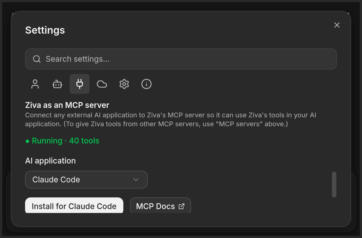 Ziva MCP server settings with a Claude Code install command