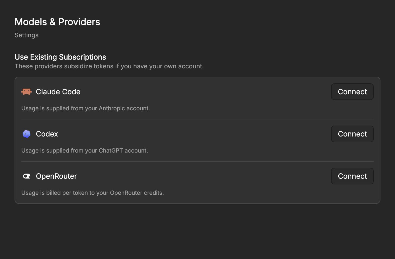 Ziva provider settings with connection controls for Claude Code, Codex, and OpenRouter