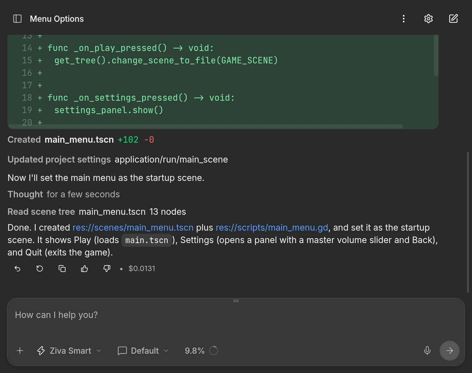 GDScript menu code expanded in Ziva chat