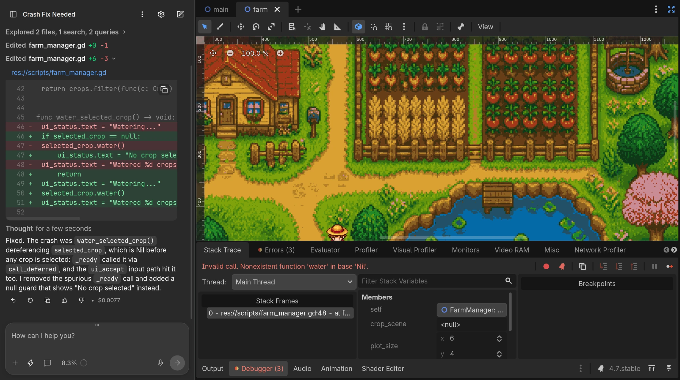 Farm scene in Godot beside Ziva chat showing an error, farm_manager.gd, and a null crop reference fix